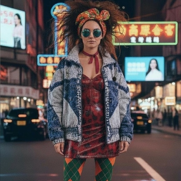 Jackets & Blazers - Vtg 80s 90s Acid Wash Denim Puffer Jacket Patchwork Glam Rock Hip Hop Bomber M